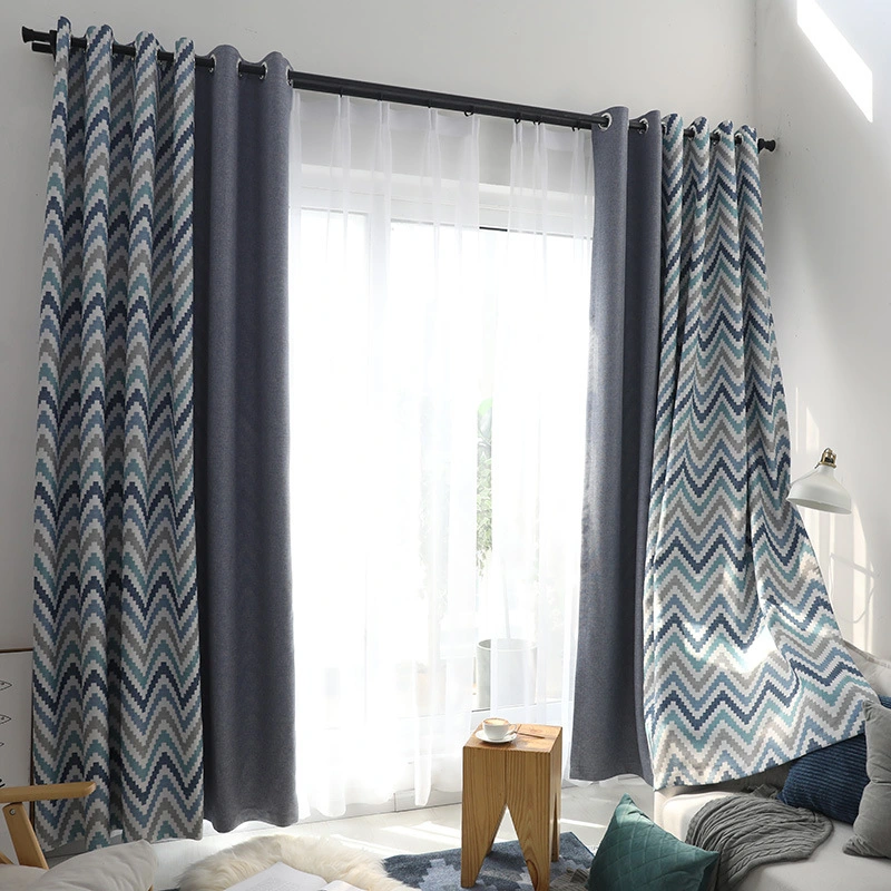 Nordic Corrugated Color Splicing Printing Shading Curtain Living Room Bedroom Balcony Bay Window Curtain Fabric