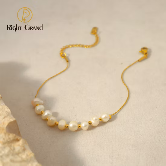 14K Gold Scallop Inlaid Natural Freshwater Pearl Bracelet